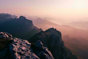 AI generated A breathtaking sunset over rugged mountains, with mist filling the valleys creating a serene and mystical atmosphere photo