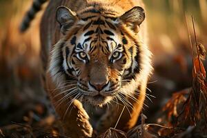 ai generado majestuoso Tigre caminando mediante seco hojas, iluminado por el suave, calentar ligero de el ajuste sol, exhibiendo sus poderoso y agraciado presencia. foto