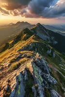 AI generated A breathtaking sunset illuminating a rugged mountain landscape, highlighting the greenery and casting shadows. photo