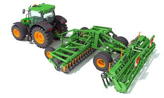 Tractor with Seed Drill farm equipment disc harrow 3D rendering on white background photo