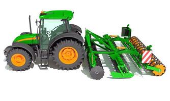 Tractor with Seed Drill farm equipment disc harrow 3D rendering on white background photo