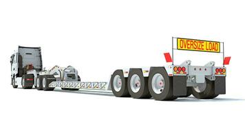 Semi Truck with Lowboy Platform Trailer 3D rendering on white background photo