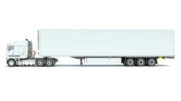 Truck with Reefer Refrigerator Trailer 3D rendering on white background photo