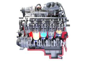 Cutaway V8 Car Engine with sectioned Ignition 3D rendering on white background photo