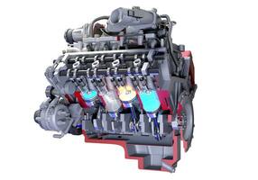 Cutaway V8 Car Engine with sectioned Ignition 3D rendering on white background photo