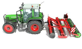 Tractor with Seed Drill farm equipment disc harrow 3D rendering on white background photo