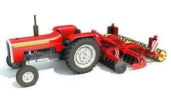 Tractor with Seed Drill farm equipment disc harrow 3D rendering on white background photo