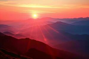 AI generated A stunning sunrise illuminating a mountain range with vibrant hues of red and orange, casting dramatic sunbeams and shadows photo