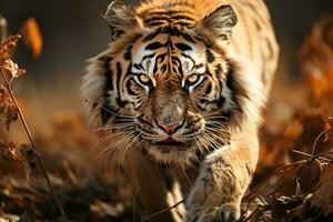 AI generated a captivating image of a powerful tiger walking through dry foliage, its striking gaze emanating intensity and grace. The tiger fur is beautifully marked photo