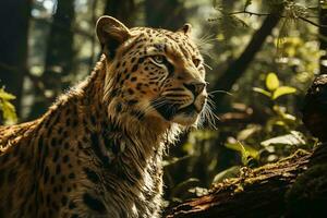 ai generado un majestuoso leopardo en un iluminado por el sol bosque, exhibiendo sus hermosa manchado piel y intenso mirada foto
