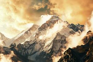 AI generated Breathtaking view of towering mountains enveloped in golden-hued clouds, showcasing nature's grandeur. photo