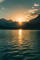 ai generado dorado puesta de sol esclarecedor un tranquilo lago, fundición montaña siluetas y reflejando el calma agua superficie. foto