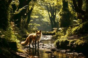 AI generated A lone fox stands by a forest stream, surrounded by lush greenery with sunlight piercing through the trees creating a magical atmosphere. photo