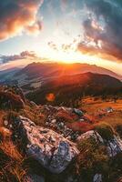 AI generated A breathtaking sunset illuminating a mountainous landscape, with rocks and greenery in the foreground and a vibrant sky painting a serene atmosphere photo