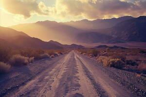 ai generado un tranquilo escena de un Desierto la carretera líder hacia majestuoso montañas, bañado en el calentar resplandor de un ajuste Dom. foto
