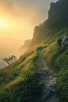 AI generated a peaceful and serene mountain trail amidst lush greenery and enveloping mist. The sun is rising in the background, casting a warm golden light that illuminates the mist and highlights photo