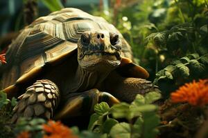 AI generated a close-up photograph of a tortoise amidst lush greenery, its detailed shell contrasting the soft focus forest background. The tortoise intricate patterns photo