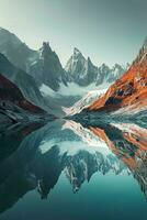 ai generado asombroso paisaje de imponente picos, un tranquilo reflexivo lago en medio de el contrastando otoño colores. foto