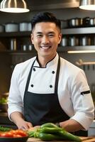 AI generated Portrait of a smiling asian male chef, generative AI, background image photo