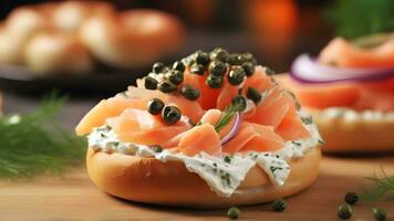 AI generated Smoked Salmon Bagel, Spread cream cheese on a toasted bagel and top it with smoked salmon, capers, red onion slices, and a sprinkle of dill, background image photo