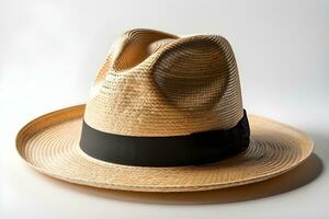 ai generado retrato de un Panamá sombrero en contra blanco fondo, un de color claro, finamente tejido sombrero hecho desde el Paja de el toquilla planta, generativo ai foto
