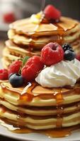 AI generated Pancakes or Waffles, Enjoy fluffy pancakes or crispy waffles topped with maple syrup, fresh fruit, and a dollop of whipped cream, background image photo