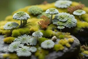 AI generated Explore the miniature world of lichen growing on a stone, capturing the symbiotic relationship between fungi and algae, background image, generative AI photo