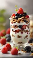 ai generado griego yogur parfait, capa griego yogur con Granola, Fresco bayas, y un llovizna de miel para un delicioso y nutritivo parfait, antecedentes imagen foto