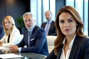 ai generado un de cerca imagen exhibiendo el confidente y determinado expresión de un exitoso mujer de negocios durante un sala del consejo reunión, generativo ai, antecedentes imagen foto