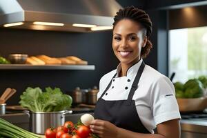 AI generated Portrait of a smiling black female chef, generative AI, background image photo