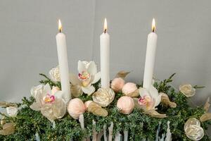 Christmas composition of flowers and Christmas decorations photo