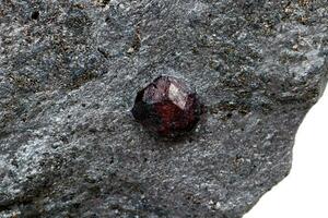 Macro mineral stone garnet  in the rock on a white background photo