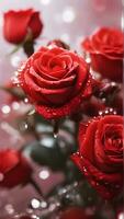 AI generated An image that captures the close-up details of red roses against a background adorned with Valentine's Day motifs, background image photo