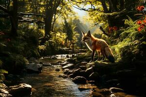 AI generated a fox by a forest stream under the gentle embrace of sunlight, showcasing nature tranquil beauty. The lush greenery and flowing water add to the charm of the scene. photo