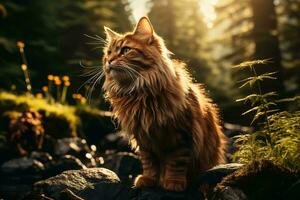 AI generated Beautiful cat amidst nature, basking in the golden glow of sunset. Serenity and peace radiate from this tranquil scene. photo