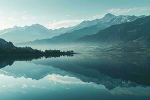 ai generado un tranquilo amanecer revelando brumoso montañas reflejado en un sereno lago, exhibiendo naturaleza majestuoso y pacífico abarcar. foto