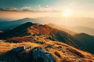 AI generated A mesmerizing sunset illuminates the rugged mountain terrain, casting a golden hue over the serene and expansive landscape photo