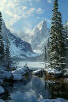 AI generated A breathtaking view of snow-capped mountains, surrounded by tall pine trees and reflected in a tranquil lake under a partly cloudy sky. photo