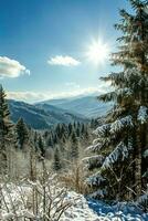 AI generated A breathtaking snowy landscape under a bright sun with clear skies. Pine trees covered in snow foreground a distant mountain view. photo