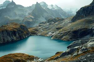 AI generated A tranquil lake nestled amidst towering mountains and rocky landscapes under a misty, atmospheric sky photo