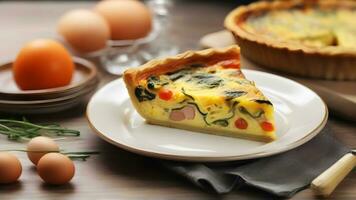 AI generated Breakfast Quiche, Bake a savory quiche with eggs, cheese, and a variety of vegetables or meats, background image photo