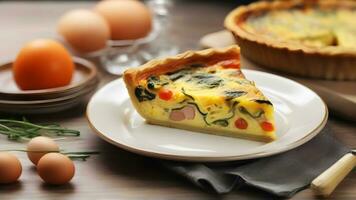 ai generado desayuno Quiche, hornear un sabroso Quiche con huevos, queso, y un variedad de vegetales o carnes, antecedentes imagen foto