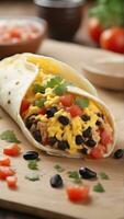 AI generated Breakfast Burrito, Fill a whole-grain tortilla with scrambled eggs, black beans, diced tomatoes, cheese, and salsa, background image photo