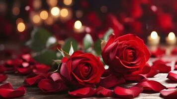 AI generated Close-up image showcasing the velvety texture and vibrant red hues of individual rose petals against a Valentine's Day-themed background, background image photo