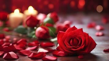 AI generated Close-up image showcasing the velvety texture and vibrant red hues of individual rose petals against a Valentine's Day-themed background, background image photo
