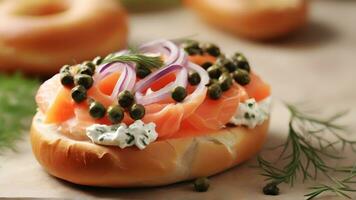 AI generated Smoked Salmon Bagel, Spread cream cheese on a toasted bagel and top it with smoked salmon, capers, red onion slices, and a sprinkle of dill, background image photo