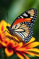 AI generated Zoom in on a butterfly resting on a vibrant flower, highlighting the colors and patterns of both the insect and the bloom, background image, generative AI photo