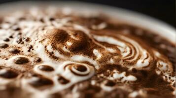 AI generated Close-up of Detailed Coffee Foam, Highlight the detailed patterns and textures in the foam of a freshly brewed cup of coffee, background image, generative AI photo