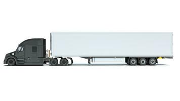 Truck with Reefer Refrigerator Trailer 3D rendering on white background photo