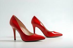 AI generated Portrait of a woman's bright red high-heeled shoes on a white background, background image, generative AI photo